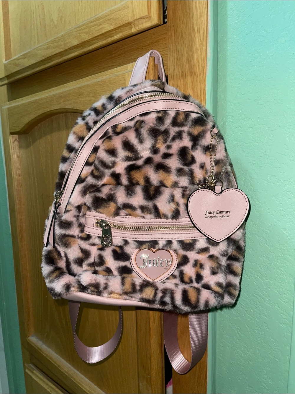 Juicy Couture Pink Leopard Faux Fur Mini Backpack with Heart Charms